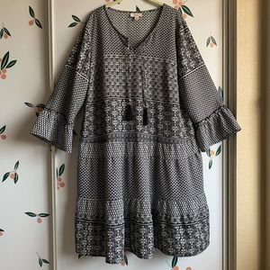 Style & Co Black & White Patterned 3/4 Sleeve Loose Drapey Dress Beachy Bohemian
